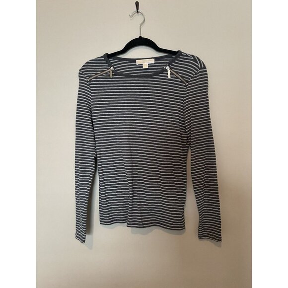 Michael Michael Kors MK Long Sleeve Zipper Detail Cotton Striped Shirt Top M - Picture 1 of 6